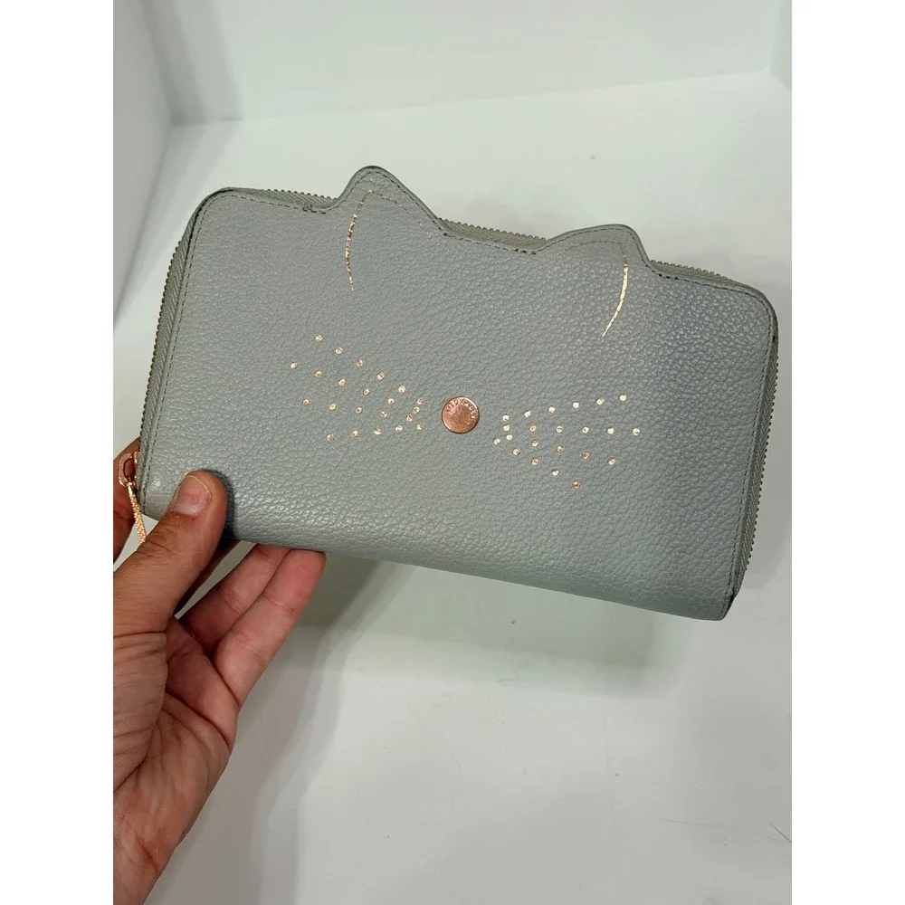 Ted Baker London Grey Leather Cat Face Zip Around Wallet Rose Gold Whiskers